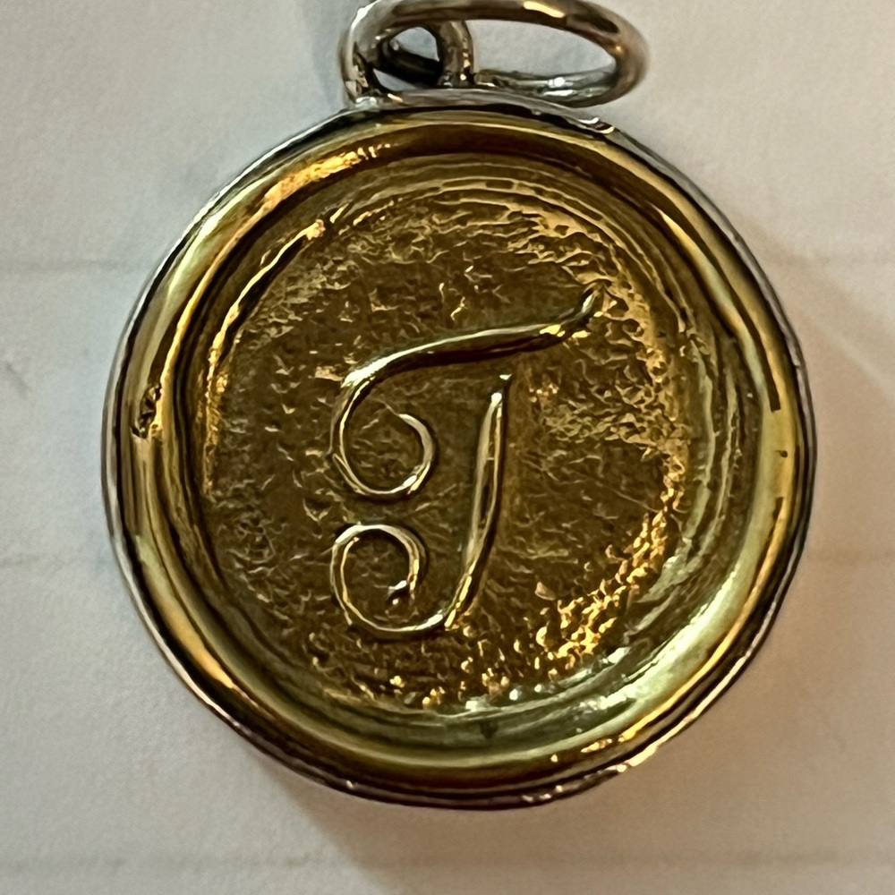 New.  Waxing Poetic sterling silver and brass ‘T’ initial charm.